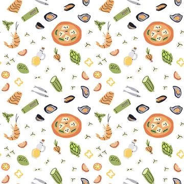 Mediterranean cuisine pattern with seafood and fresh ingredients for culinary Stock Illustration