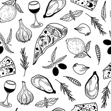 Mediterranean cuisine seamless vector pattern. Hand-drawn illustration 스톡 일러스트