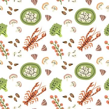 Mediterranean culinary pattern with seafood and vegetables for kitchen decor or Stock Illustration