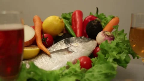 Mediterranean Dining Scene With Fresh Seafood And Vegetables Stock Footage 343741962