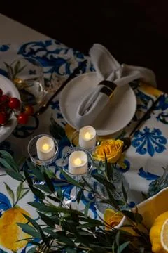 Mediterranean Dinner Table Setting Design Stock-Fotos