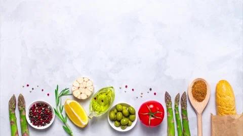 Mediterranean flat lay animation. Restaurant background, copy space above. Stock Footage 130585702