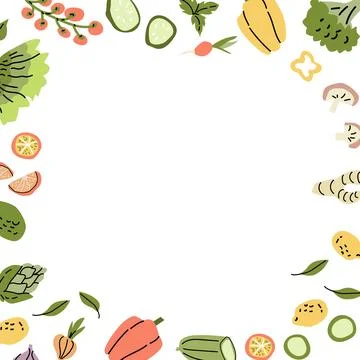Mediterranean food elements border with vegetables and herbs for culinary Stock Illustration