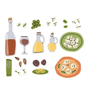 Mediterranean food elements for culinary and cooking design projects Stockillustratie