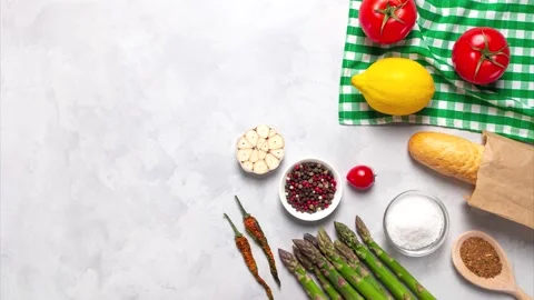 Mediterranean food flat lay animation. Restaurant ingredients background Stock Footage 130604121