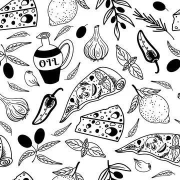 Mediterranean food seamless vector pattern. Hand-drawn natural products Illustrazione stock