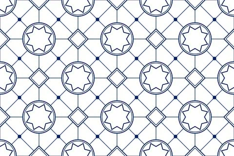 Mediterranean geometric seamless pattern with blue stars and tile motifs in.. Stock Illustration