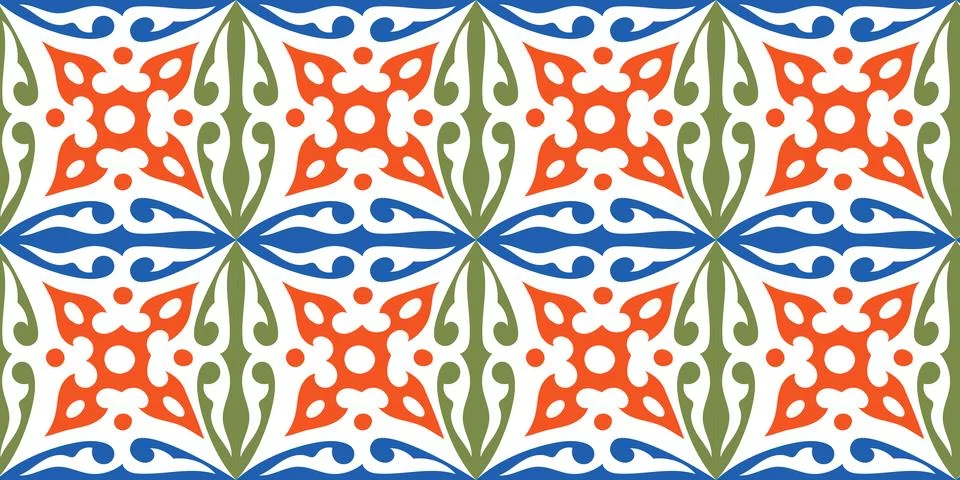 Mediterranean Geometric Tile Pattern with Floral Motifs Vector Seamless Desig Stock Illustration
