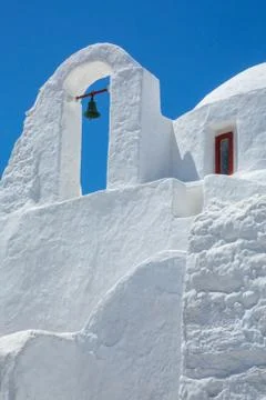 Mediterranean Greek white church, in summer Mykonos, Cyclades, Greece Stock Photos