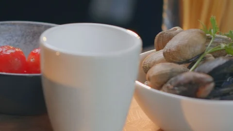 Mediterranean Kitchen fresh ingredients vongole and mussels for pasta Video stock 129606853