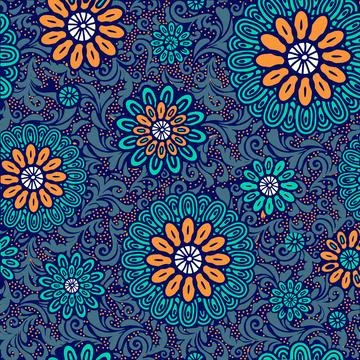 Mediterranean Leaf and Flower Tile Seamless Pattern Stock Illustration