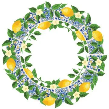 Mediterranean Lemon Citrus Frame Circular Pattern EPS Vector Illustrazione stock