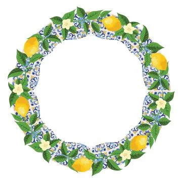 Mediterranean Lemon Citrus Frame Circular Pattern EPS Vector Illustrazione stock