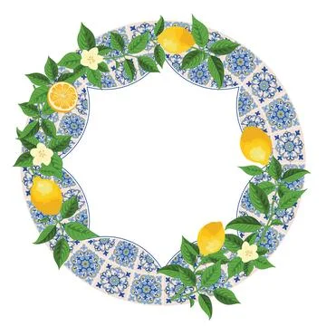 Mediterranean Lemon Citrus Frame Circular Pattern EPS Vector Illustrazione stock