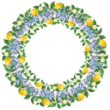 Mediterranean Lemon Citrus Frame Circular Pattern EPS Vector イラスト素材