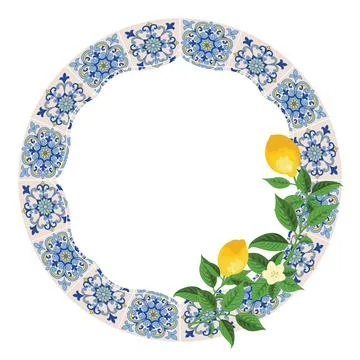 Mediterranean Lemon Citrus Frame Circular Pattern EPS Vector 스톡 일러스트