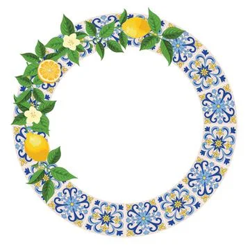 Mediterranean Lemon Citrus Frame Circular Pattern EPS Vector Stock Illustration