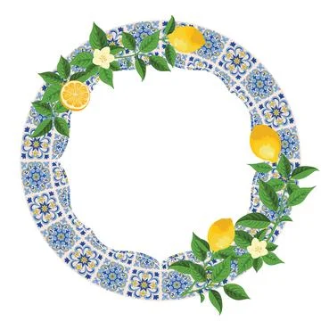 Mediterranean Lemon Citrus Frame Circular Pattern EPS Vector Illustrazione stock
