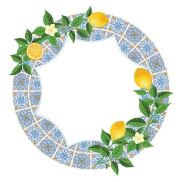 Mediterranean Lemon Citrus Frame Circular Pattern EPS Vector Stock Illustration