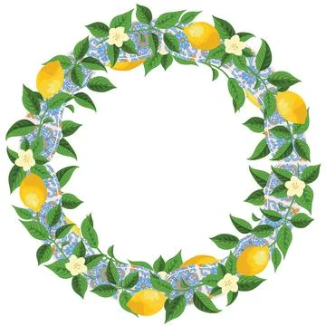 Mediterranean Lemon Citrus Frame Circular Pattern EPS Vector Illustrazione stock