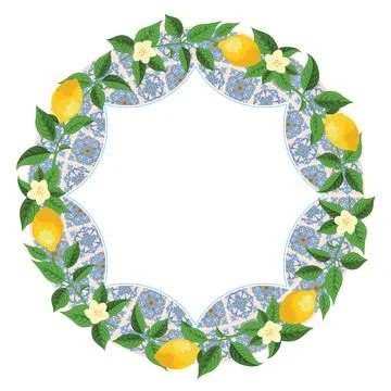 Mediterranean Lemon Citrus Frame Circular Pattern EPS Vector Illustrazione stock