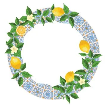 Mediterranean Lemon Citrus Frame Circular Pattern EPS Vector Stock Illustration