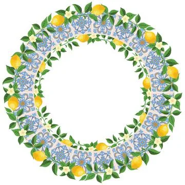 Mediterranean Lemon Citrus Frame Circular Pattern EPS Vector Stock Illustration