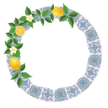 Mediterranean Lemon Citrus Frame Circular Pattern EPS Vector Illustrazione stock