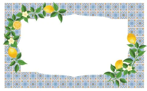 Mediterranean Lemon Citrus Frame Rectangle Pattern EPS Vector Stock Illustration