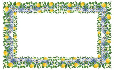 Mediterranean Lemon Citrus Frame Rectangle Pattern EPS Vector Illustration