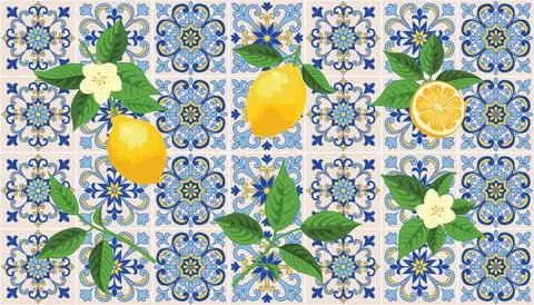 Mediterranean Lemon Citrus Pattern EPS Vector イラスト素材