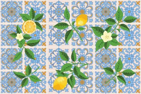 Mediterranean Lemon Citrus Pattern EPS Vector イラスト素材