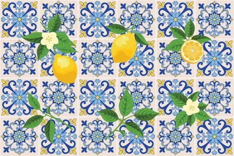 Mediterranean Lemon Citrus Pattern EPS Vector イラスト素材
