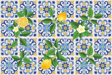 Mediterranean Lemon Citrus Pattern EPS Vector イラスト素材