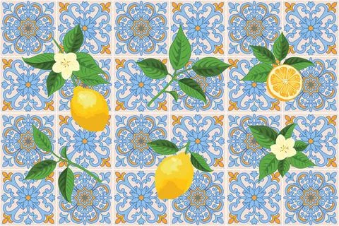Mediterranean Lemon Citrus Pattern EPS Vector イラスト素材