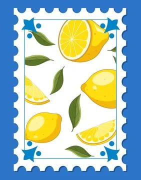 Mediterranean Lemon Fruit Pattern on Decorative Postage Stamp Illustration Illustrazione stock