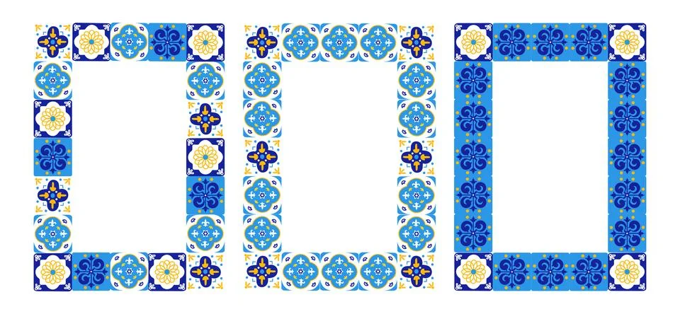 Mediterranean majolica tile rectangular frames set. Blue ceramic ornament v.. Stock Illustration