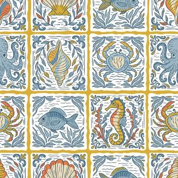 Mediterranean Marine Tile Seamless Pattern Vector Stock Illustration