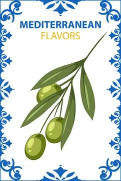 Mediterranean Olive Branch Vector Illustration with Ornate Blue Tile Border Illustrazione stock