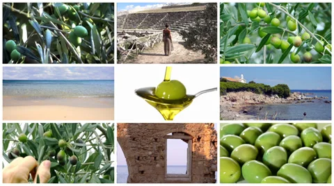 Mediterranean olives collage Stockbeeldmateriaal 34870347
