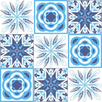 Mediterranean porcelain tiles, blue pattern, azulejo talavera spanish style g Ilustración de archivo
