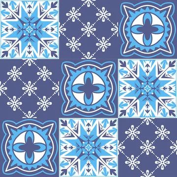 Mediterranean porcelain tiles, blue pattern for wall decoration, azulejo tala Ilustración de archivo