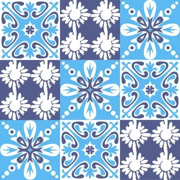 Mediterranean porcelain tiles, blue pattern for wall decoration, azulejo tala Ilustración de archivo