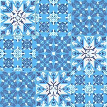 Mediterranean porcelain tiles, blue pattern, azulejo talavera spanish style g Ilustración de archivo