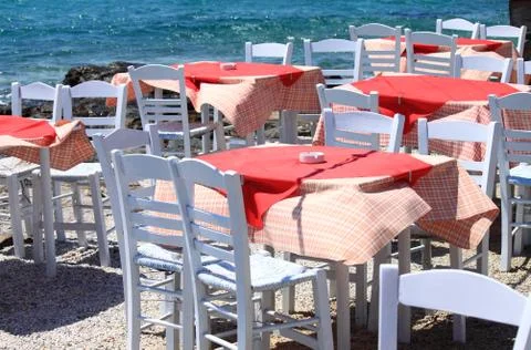 Mediterranean restaurant tables Stock Photos