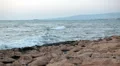Mediterranean sea in Paphos with rocky coast and ship is stranded or grounded HD Footage