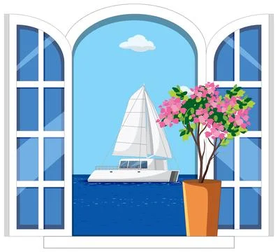 Mediterranean Sea View Through Open Arched Window with Sailboat Stock Illustration