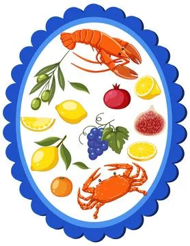 Mediterranean Seafood and Fruit Vector Illustration in Blue Scalloped Frame Stock Illustration