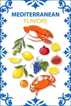 Mediterranean Seafood and Fruit Vector Illustration with Blue Tile Border 스톡 일러스트