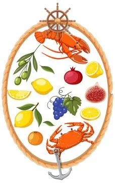 Mediterranean Seafood and Fruit Vector Illustration in Nautical Rope Frame Stock Illustration